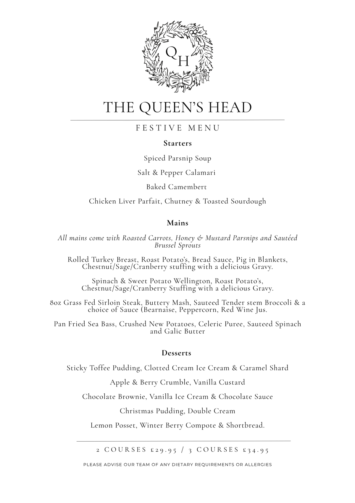 Festive Set Menu 2026, The Queen’s Head Dorking