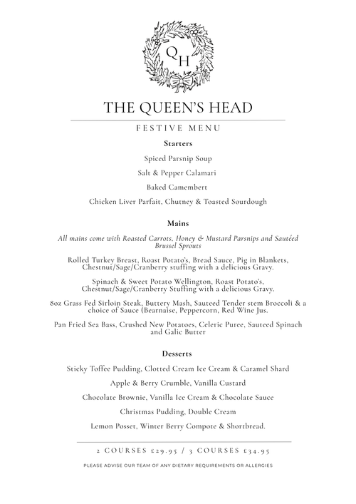 Festive Set Menu 2026, The Queen’s Head Dorking